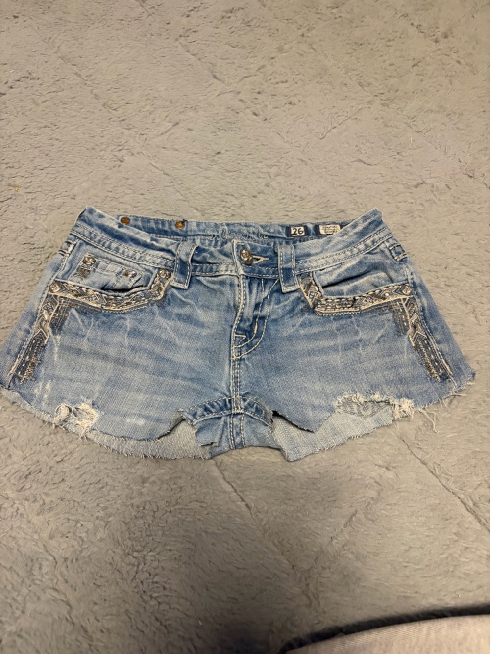 Signature Light Blue Distressed Denim Cutoff Shorts with Embroidered Pockets